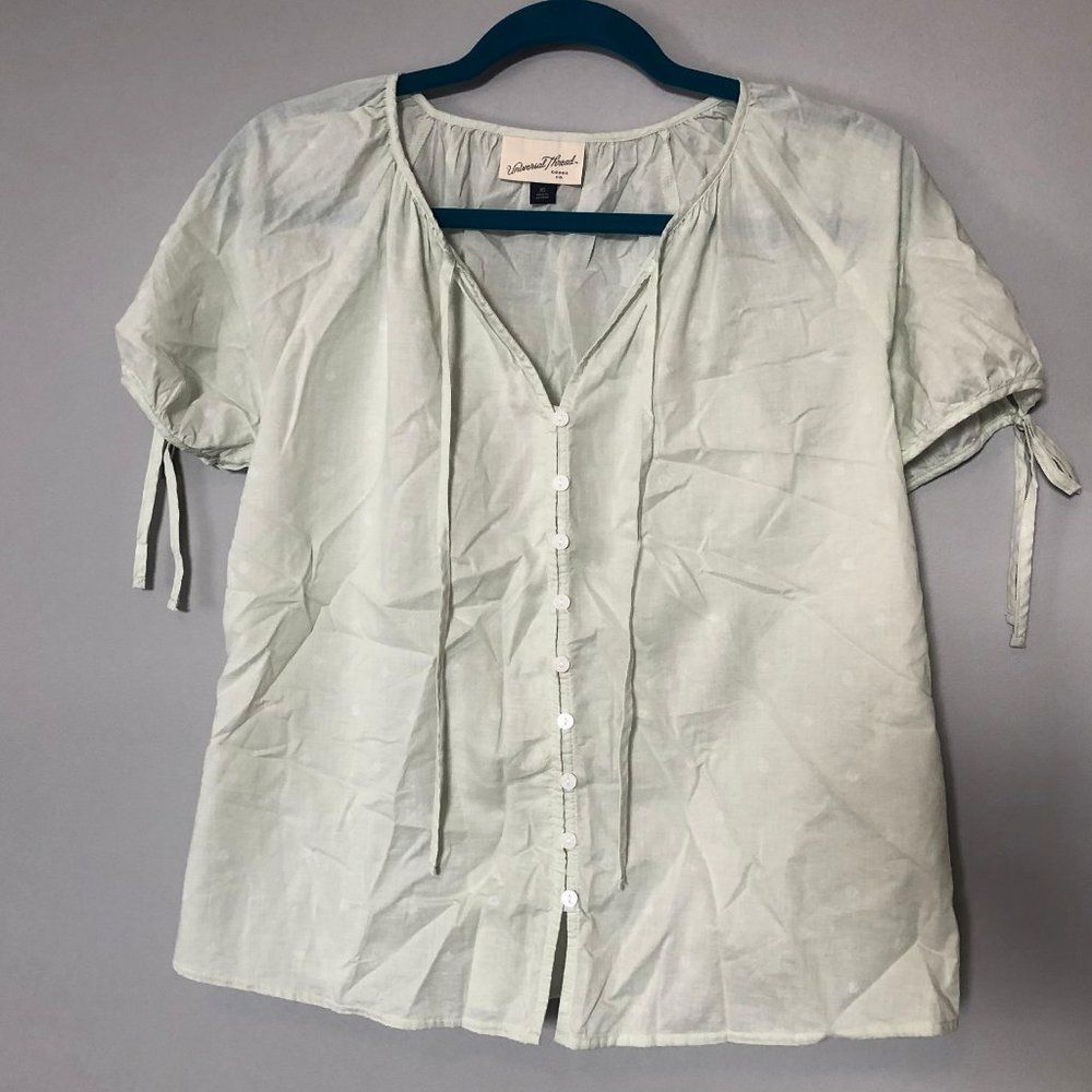 Short sleeved button up 100% cotton blouse - polka dot green pistachio - XS